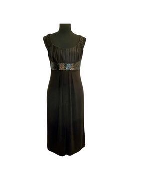 Joseph Ribkoff dark chocolate brown pleated ruched beaded sleeveless midi dress
